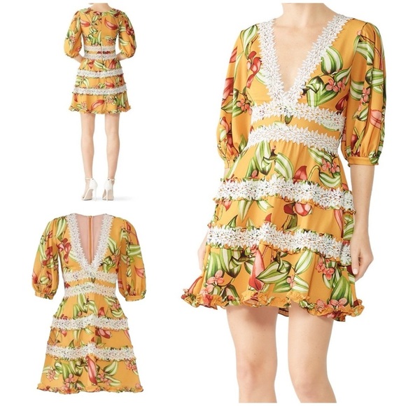 EUC PatBO Yellow Floral Deep V Neck Lace 3/4 Sleeves Cocktail Mini Dress 2​​